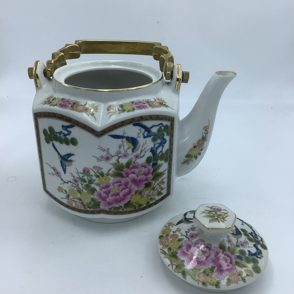 Homco Japan Asian Floral Six Sided Ceramic  Tea Pot with Metal Handle - Picture 5 of 9